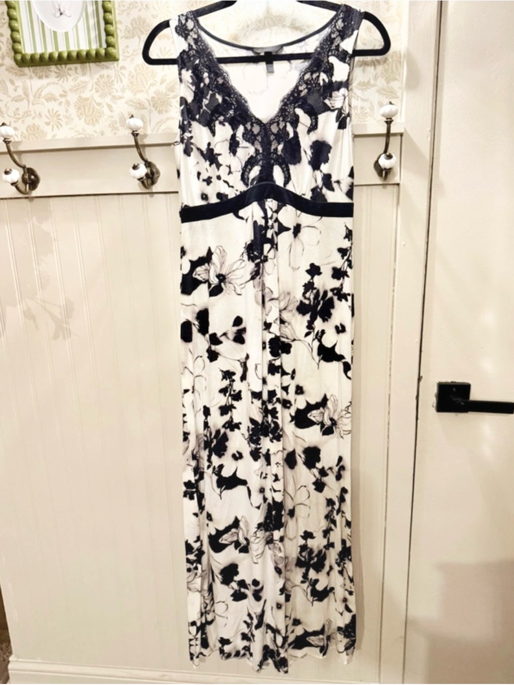 BAMBOO White Maxi Dress with Black Floral Lace Trim